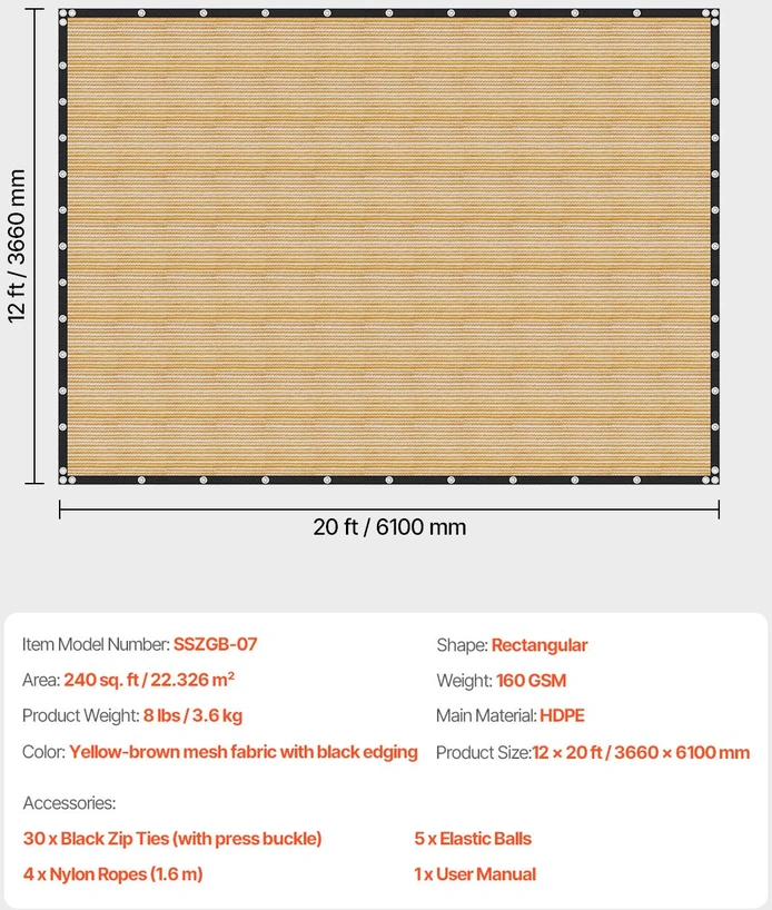 VEVOR Saulės uždanga privatumo išlaikymui 3.66 x 6.1 m