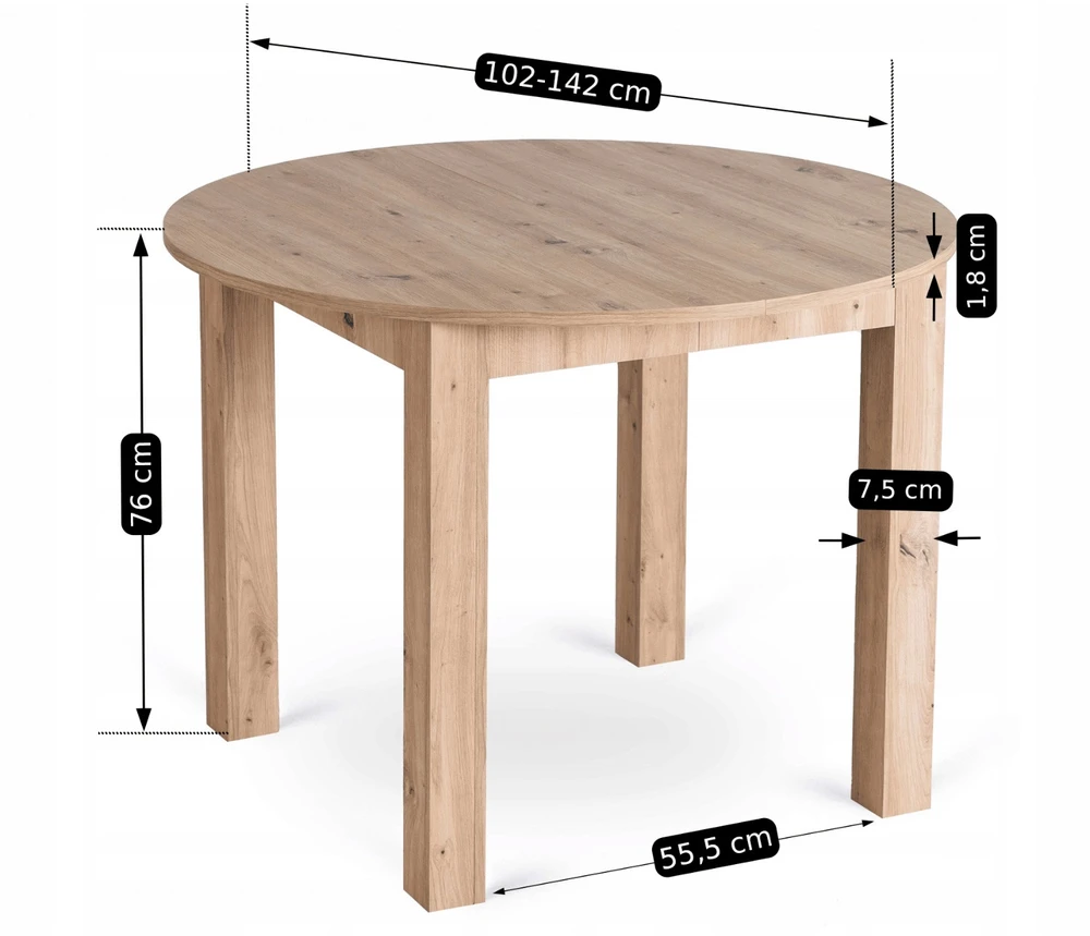 Apvalus išskleidžiamas stalas 102–142 cm, Artisan ąžuolo spalvos