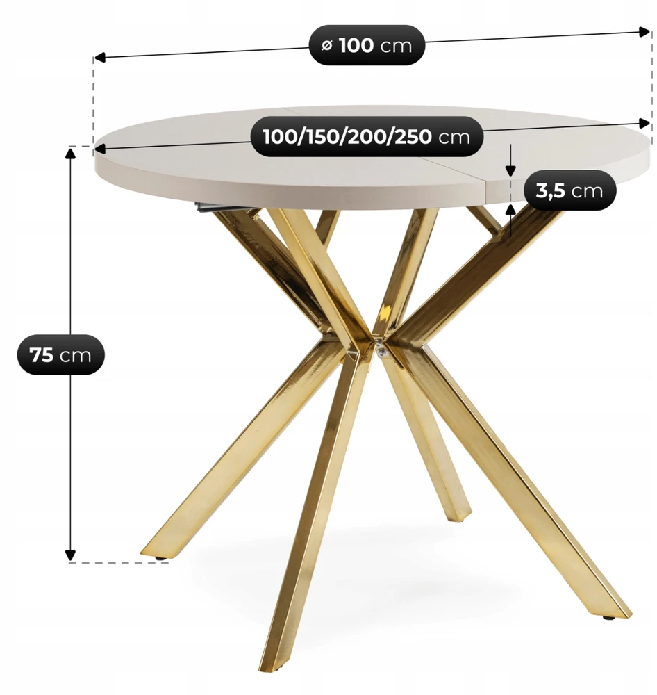 Apvalus išskleidžiamas stalas Modern, 100–250 cm, kašmyro/aukso spalvos, žvilgantis