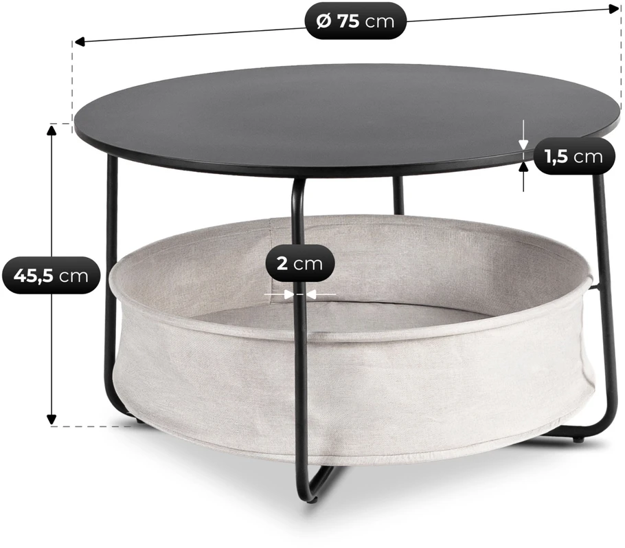 Apvalus kavos staliukas 75 cm, juodas MDF / metalas