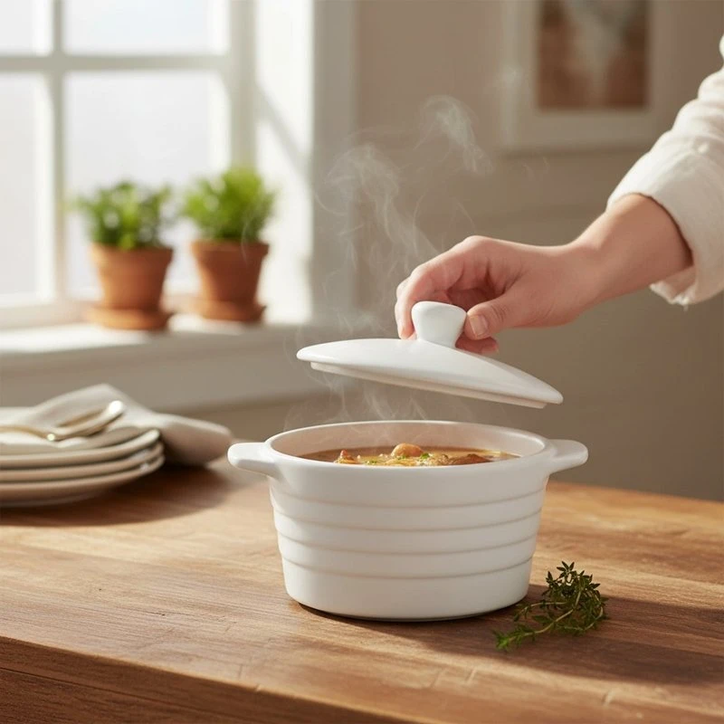 Alpina - Ceramic ovenproof dish with lid, round, 13x10 cm, 210 ml (baltas)
