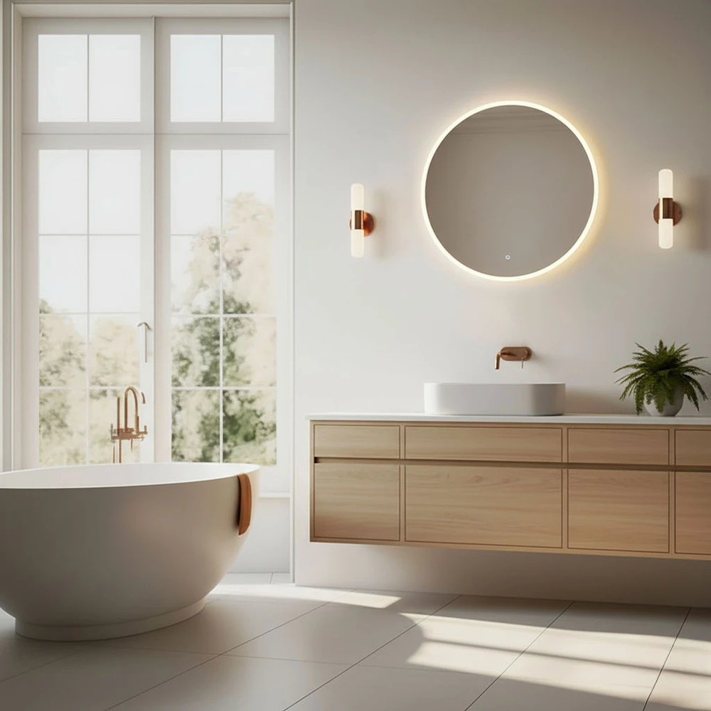 Apvalus LED vonios veidrodis, montuojamas ant sienos, 60 cm, 3 spalvų, jutiklinis jungiklis ModernHome