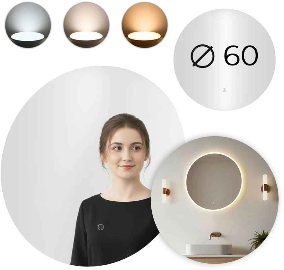 Apvalus LED vonios veidrodis, montuojamas ant sienos, 60 cm, 3 spalvų, jutiklinis jungiklis ModernHome