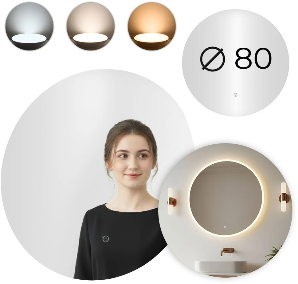 Apvalus LED vonios veidrodis 80 cm su 3 šviesos spalvomis ModernHome