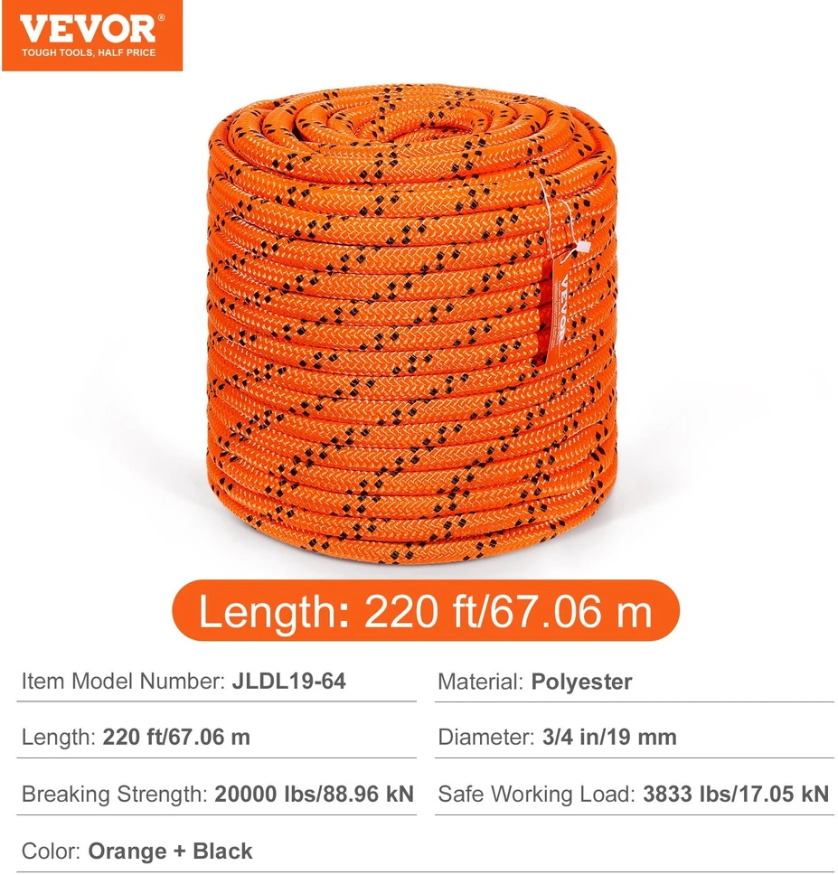 VEVOR Medžiotojo virvė, dviguba pynė, 3/4" x 67 m