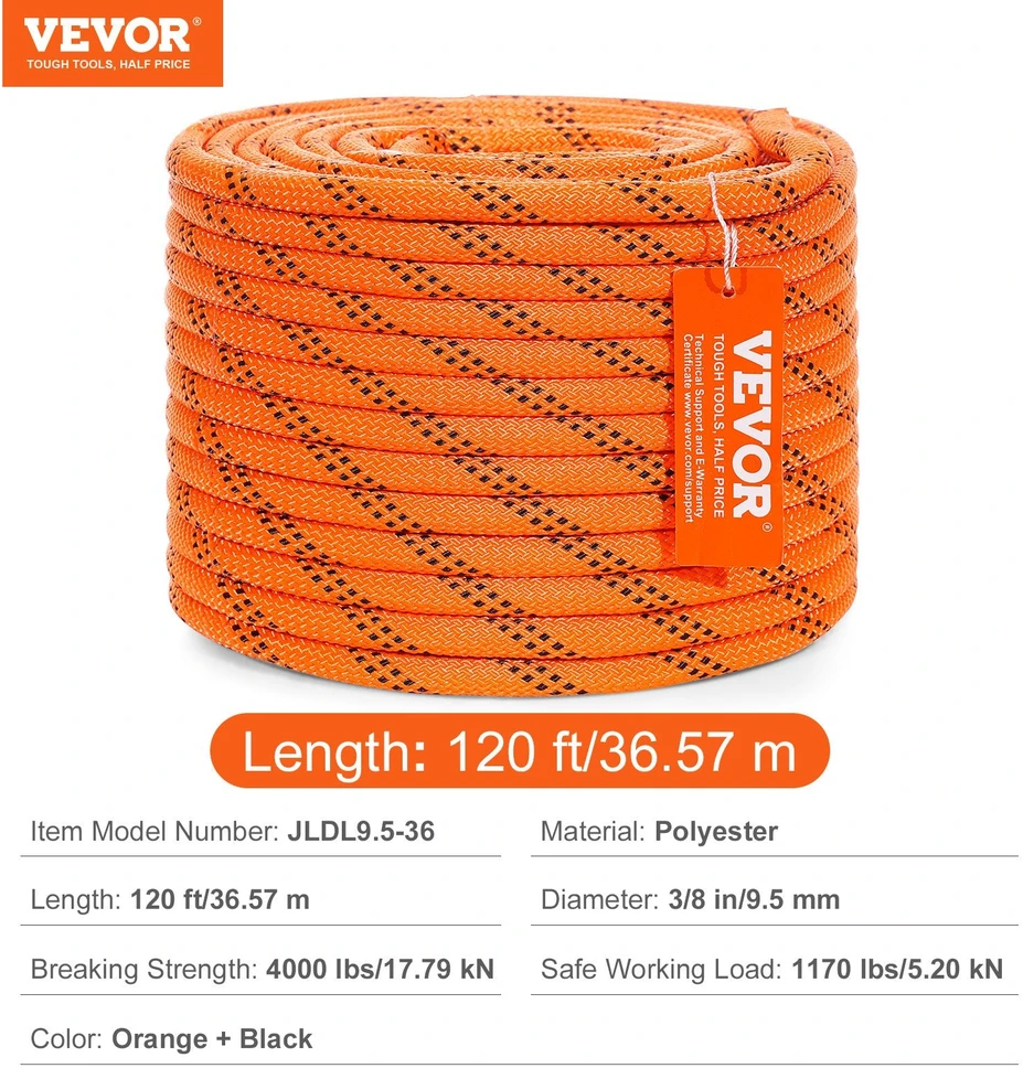 VEVOR Medžių laipiojimo virvė 9.5 mm, 36.57 m