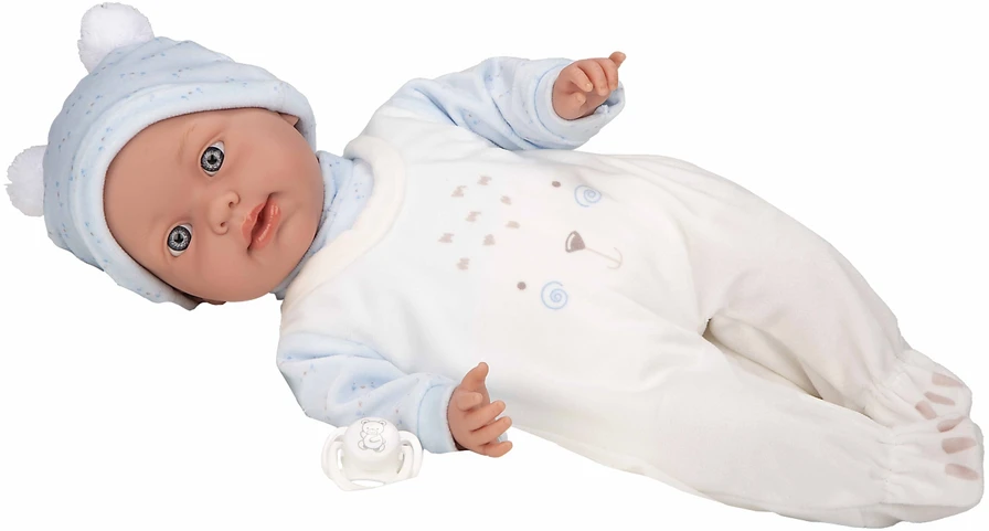 Arias verkiančios lėlės kūdikėlis, 42 cm, su garsu, žydri rūbeliai