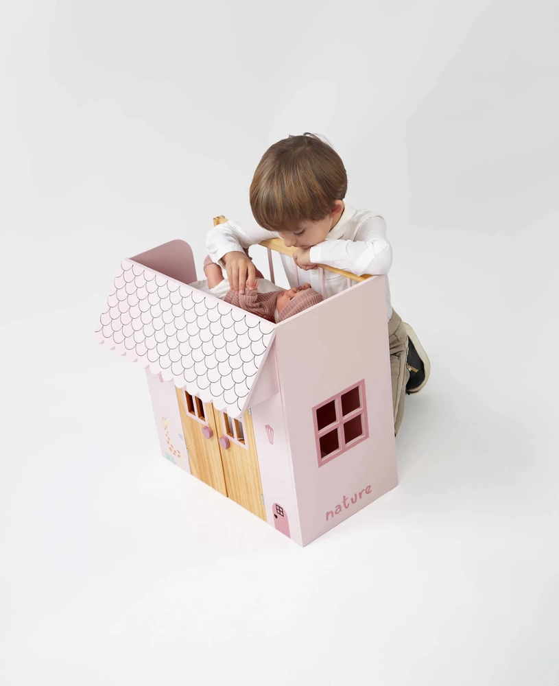 Arias medinė lėlių lovytė–namelis su pataliukais, rožinė, iki 45 cm