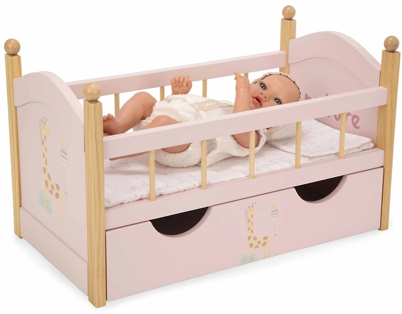 Arias medinė lėlių lovytė su stalčiumi ir patalyne, rožinė (iki 45 cm)
