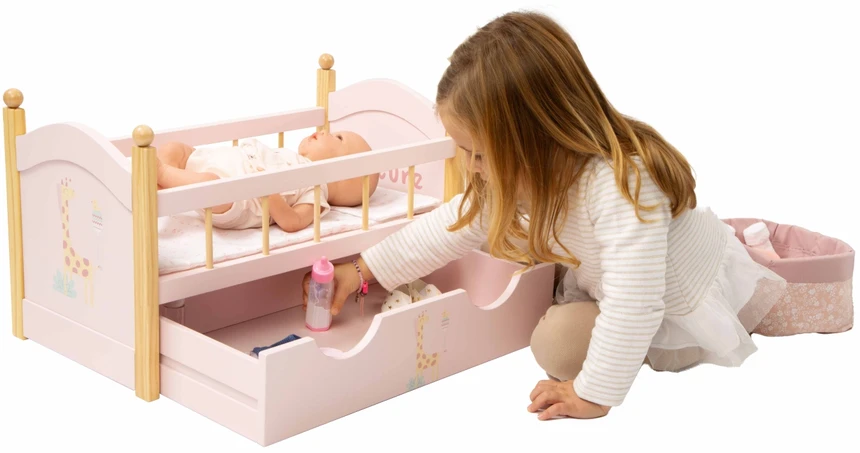 Arias medinė lėlių lovytė su stalčiumi ir patalyne, rožinė (iki 45 cm)