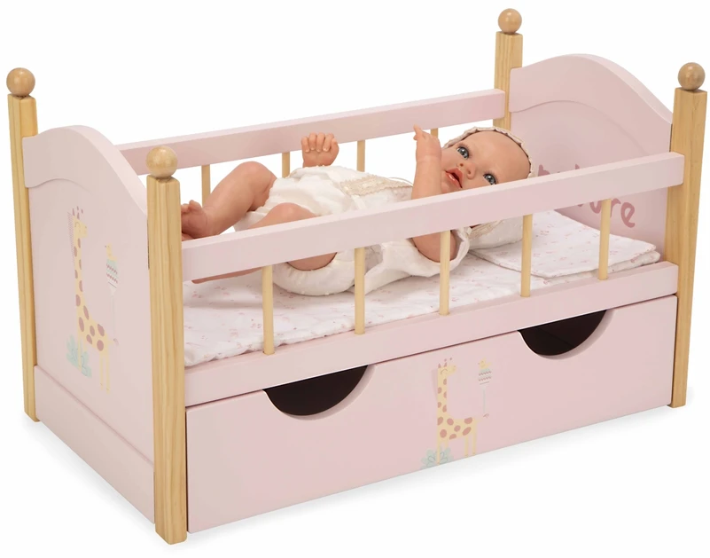 Arias medinė lėlių lovytė su stalčiumi ir patalyne, rožinė (iki 45 cm)