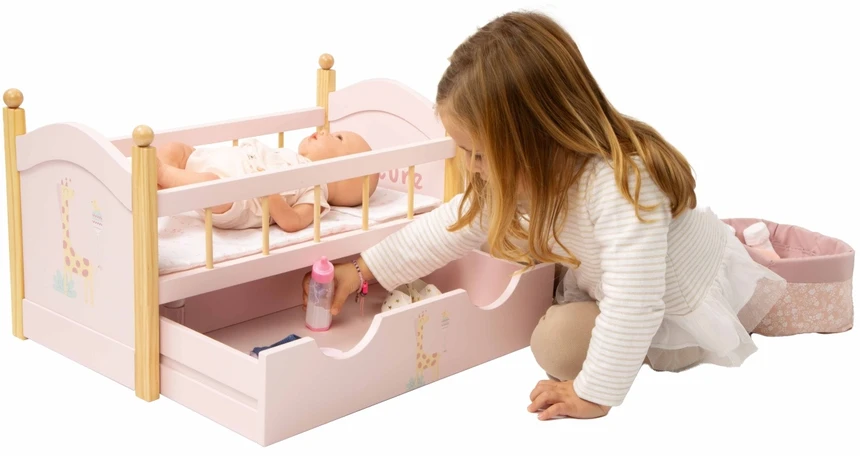 Arias medinė lėlių lovytė su stalčiumi ir patalyne, rožinė (iki 45 cm)