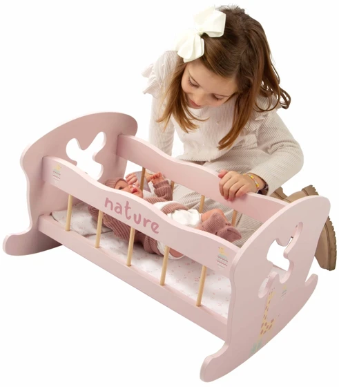 Arias medinė supama lėlių lovytė, rožinė, su pataliukais (iki 45 cm)