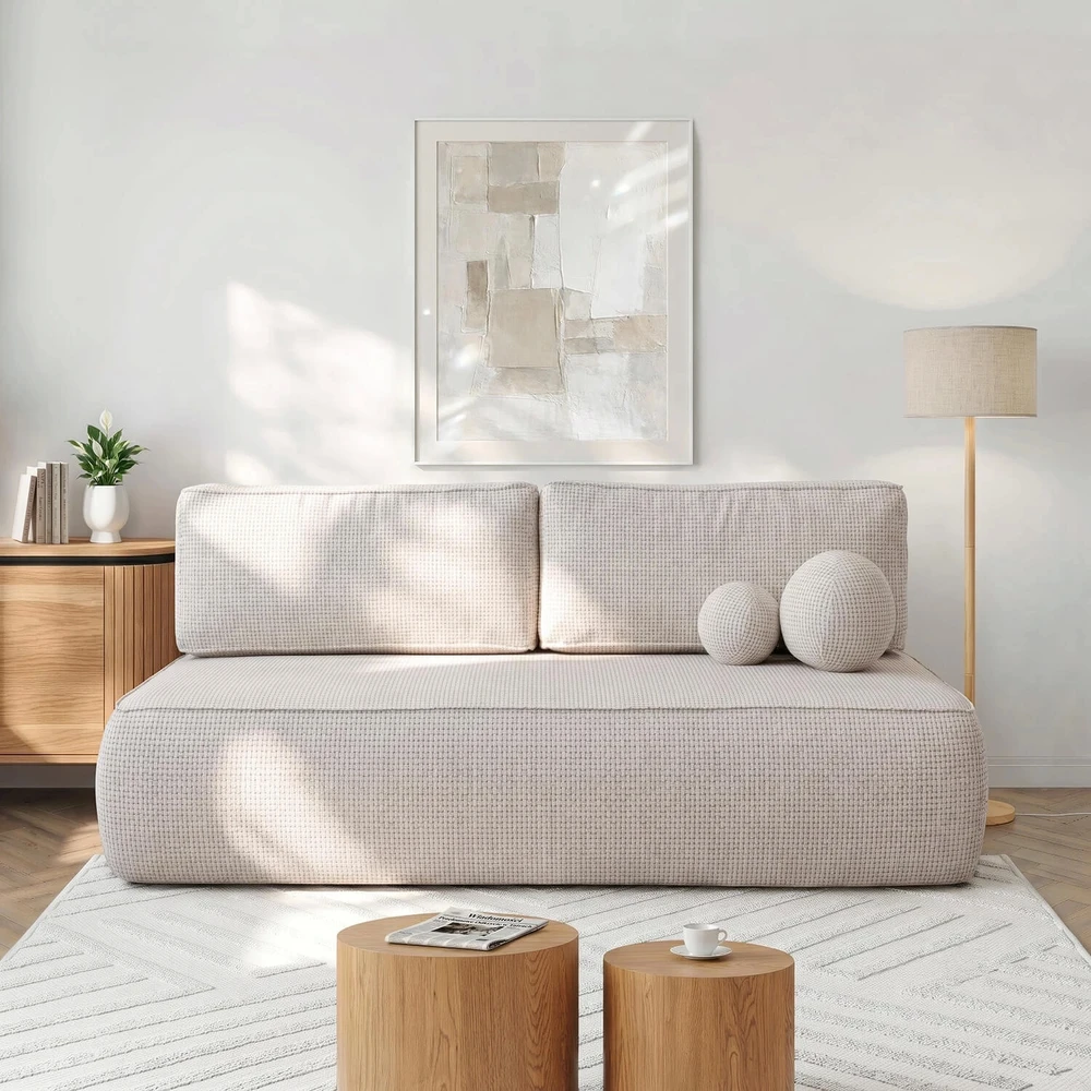 ARVETO kreminės spalvos šenilinė moderni sofa su miegojimo funkcija