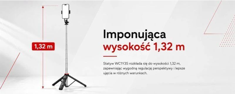 Wozinsky Asmenukių lazda WC1Y3S teleskopinis trikojis 1.3m su telefono laikikliu – juodos spalvos