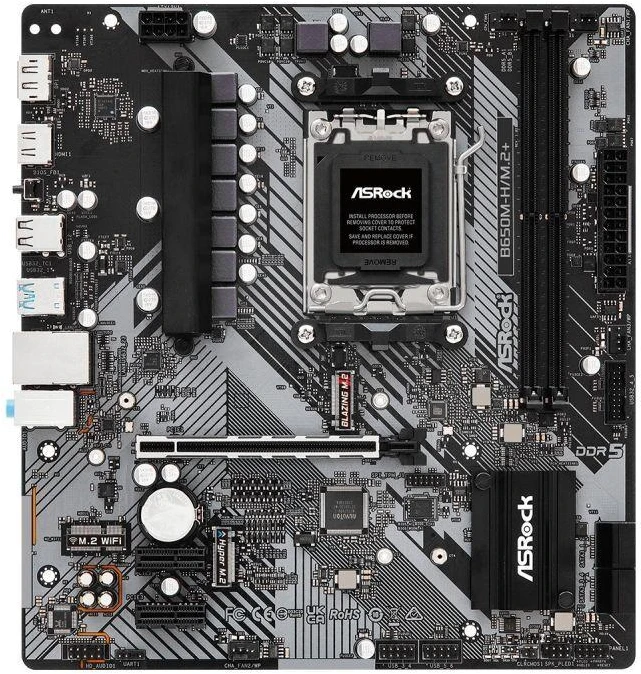 ASRock | B650M-H/M.2+ | Procesorių šeima AMD | Procesoriaus lizdas AM5 | DDR5 | Palaikomos standžiojo disko sąsajos SATA, M.2 | SATA jungčių skaičius 4
