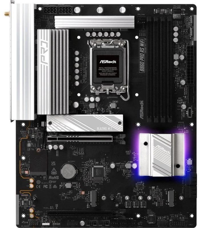 ASRock B860 PRO RS WIFI | Procesorių šeima Intel | Procesoriaus lizdas LGA1851 | DDR5 | Palaikomos kietojo disko sąsajos SATA, M.2 | SATA jungčių skaičius 4