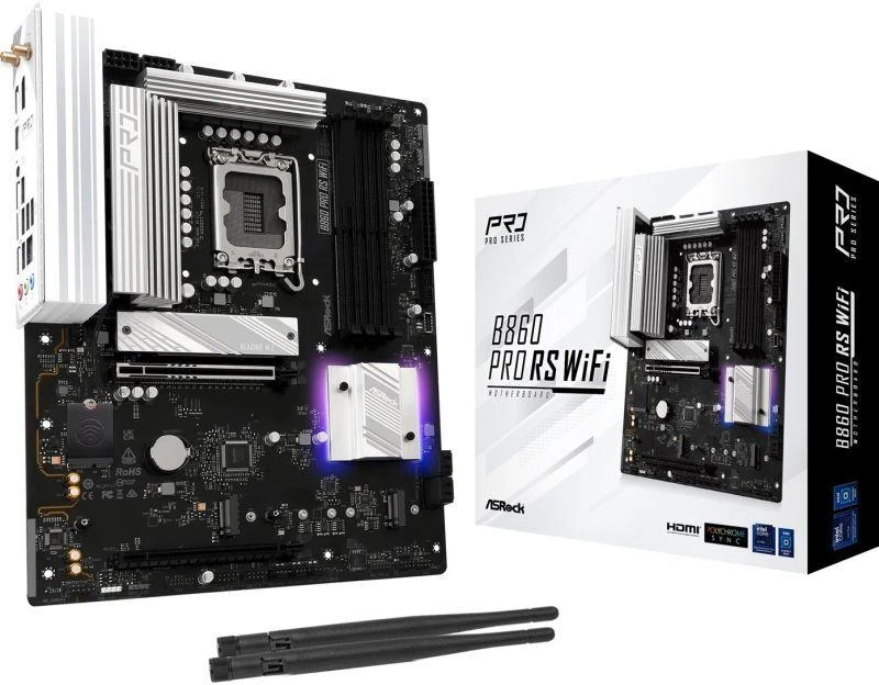 ASRock B860 PRO RS WIFI | Procesorių šeima Intel | Procesoriaus lizdas LGA1851 | DDR5 | Palaikomos kietojo disko sąsajos SATA, M.2 | SATA jungčių skaičius 4