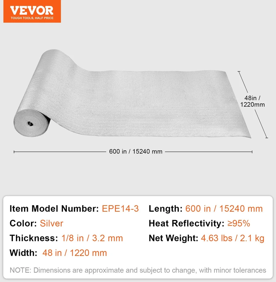 VEVOR Dviejų sluoksnių šiluminė izoliacija 122 cm x 15,2 m
