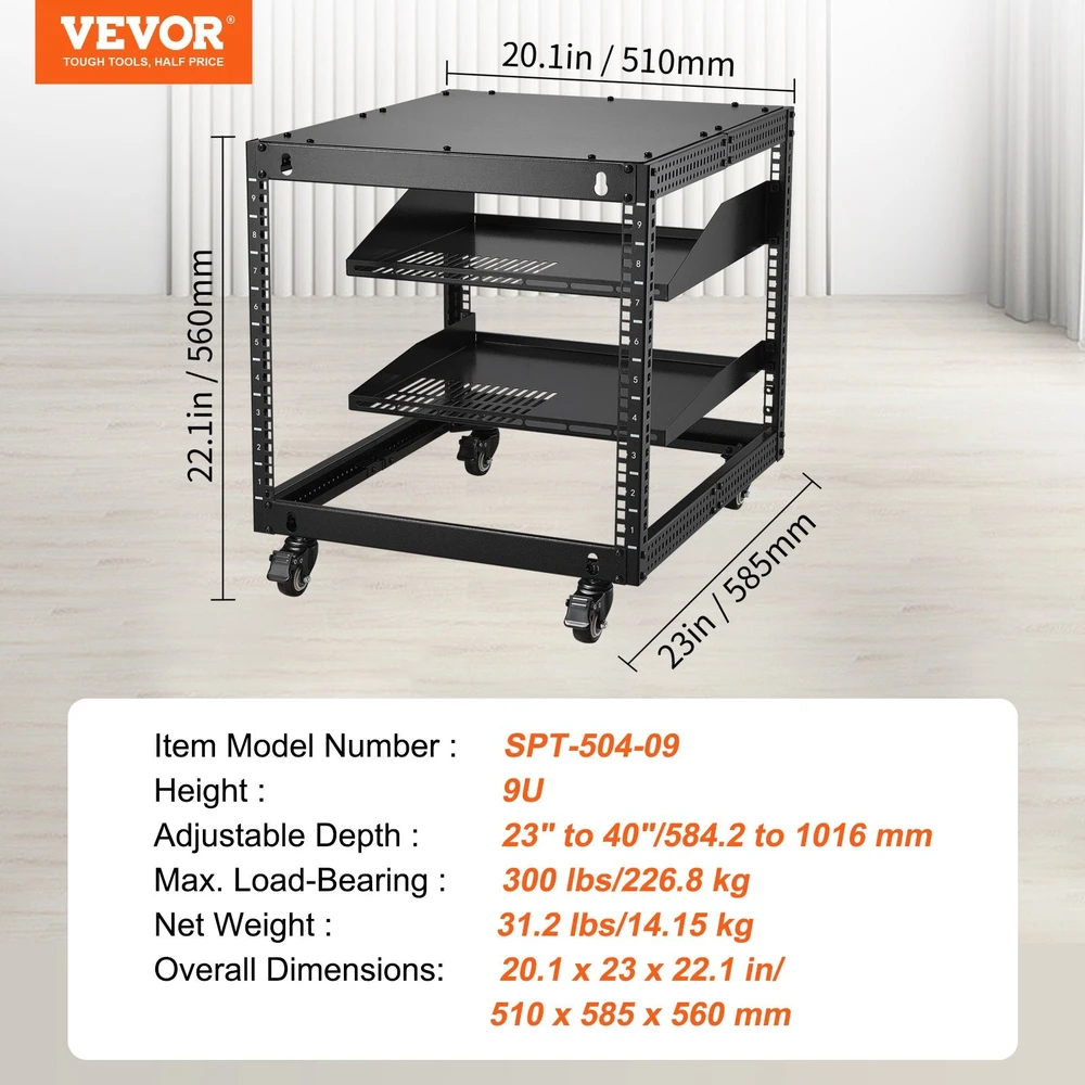 VEVOR 9U 4 strypų atviras serverių stovas