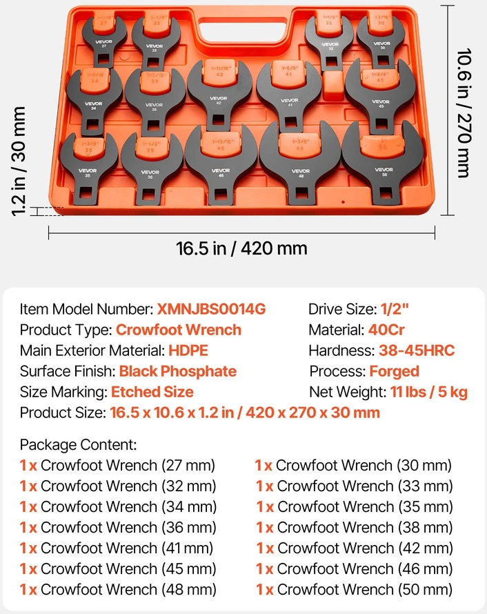 Atvirų galvučių raktų rinkinys VEVOR XMNJBS0014G, 14 dalių (27–50 mm)