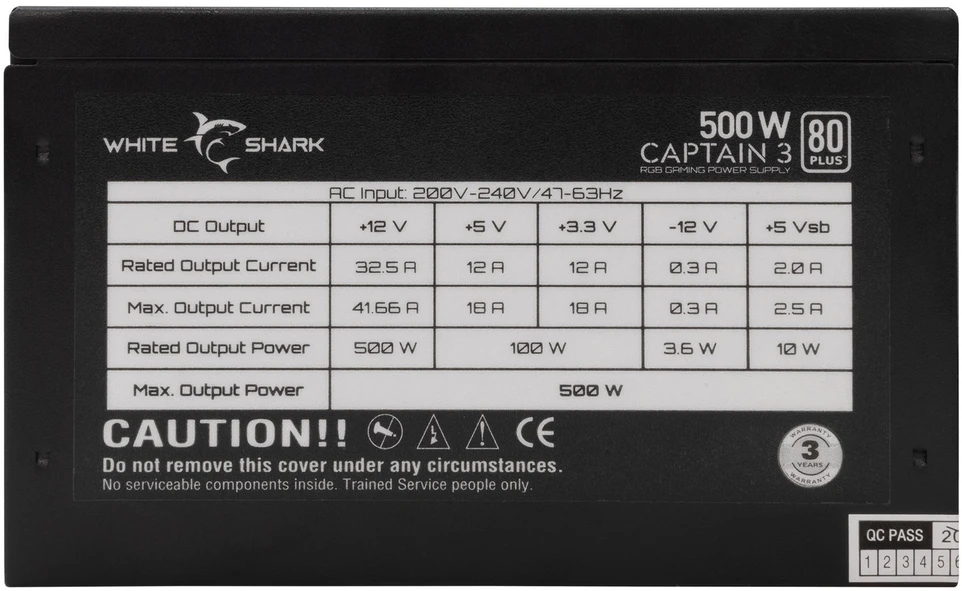 White shark ATX maitinimo blokas su RGB apšvietimu Baltas Shark CAPTAIN 3, 500 W, juodas