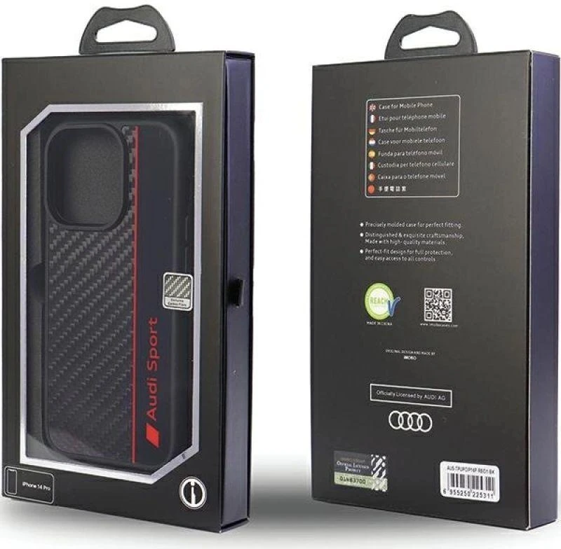 Audi Carbon Fiber Stripe Apple iPhone 13 Pro Max 6.7″ juodos spalvos kietas dėklas AUS-TPUPCIP13 PM-R8/D1-BK