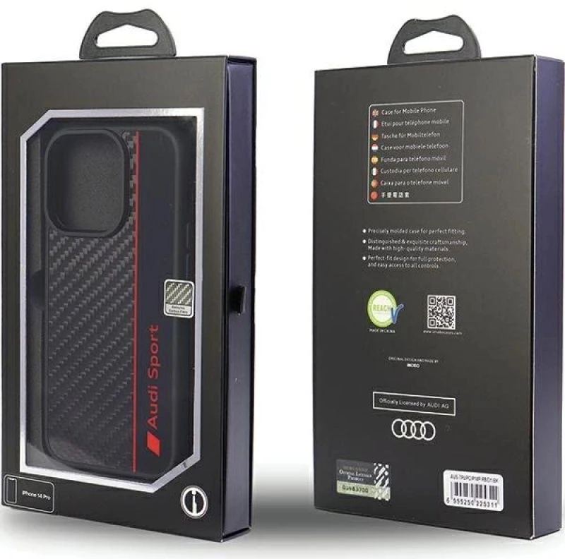 Audi Carbon Fiber Stripe Apple iPhone 14 Pro 6.1″ juodos spalvos kietas dėklas AUS-TPUPCIP14P-R8/D1-BK
