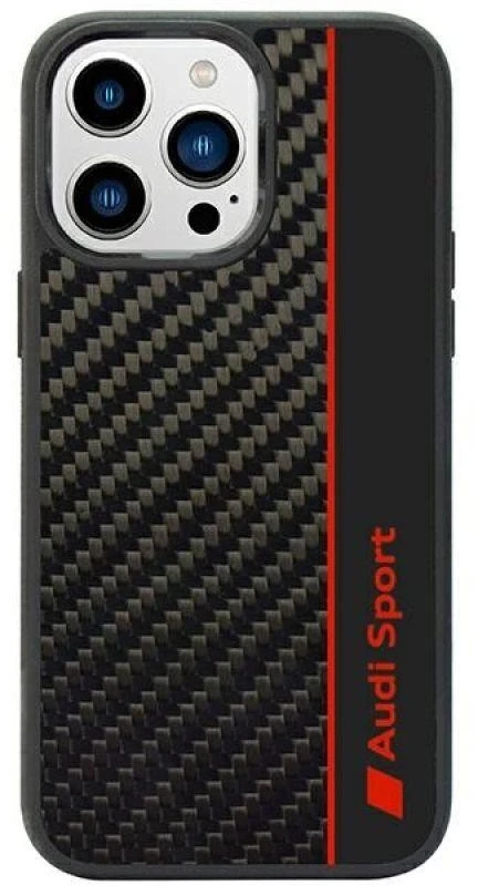 Audi Carbon Fiber Stripe Apple iPhone 14 Pro 6.1″ juodos spalvos kietas dėklas AUS-TPUPCIP14P-R8/D1-BK