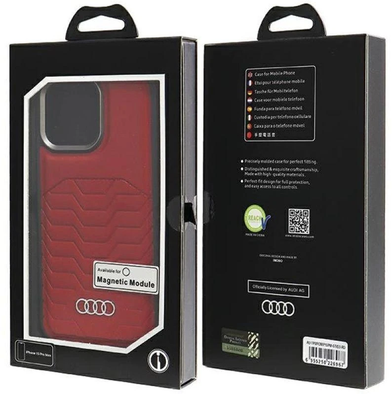 Audi Synthetic Leather MagSafe Apple iPhone 15 Pro Max 6.7″ red kietas dėklas AU-TPUPCMIP15PM-GT/D3-RD