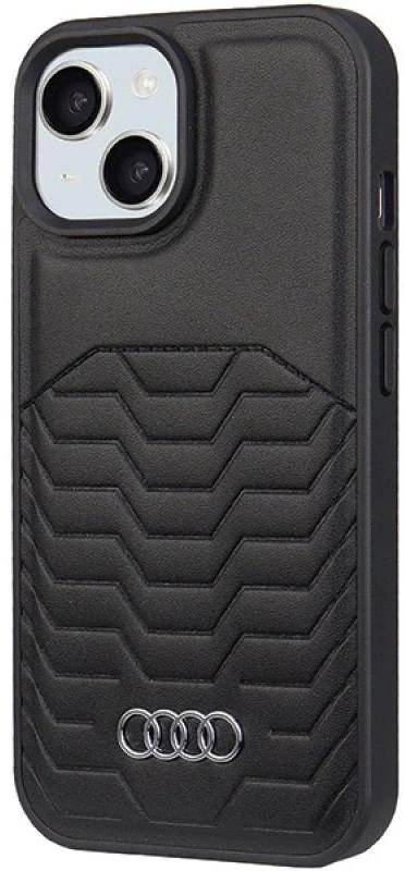 Audi Synthetic Leather MagSafe Apple iPhone 15 / 14 / 13 6.1″ juodos spalvos kietas dėklas AU-TPUPCMIP15-GT/D3-BK
