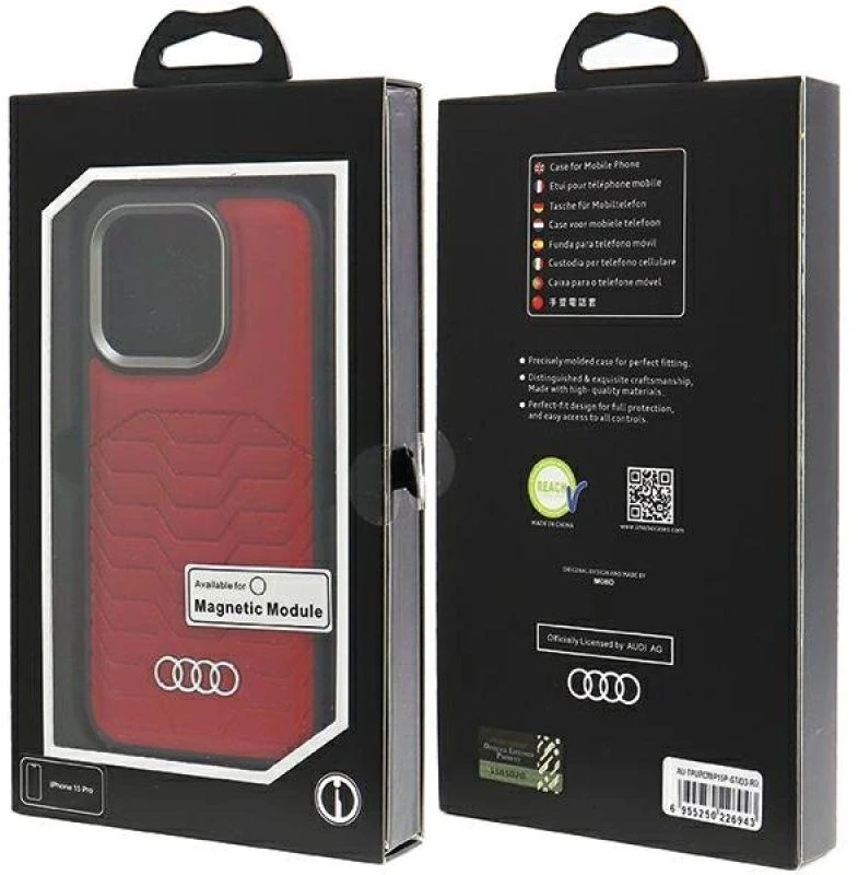 Audi Synthetic Leather MagSafe Apple iPhone 15 Pro 6.1″ red kietas dėklas AU-TPUPCMIP15P-GT/D3-RD