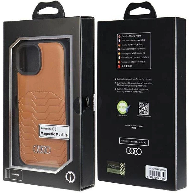 Audi Synthetic Leather MagSafe Apple iPhone 15 / 14 / 13 6.1″ rudos spalvos kietas dėklas AU-TPUPCMIP15-GT/D3-BN