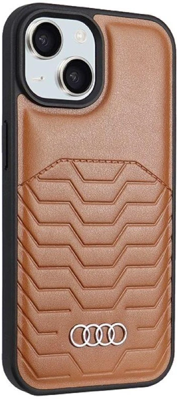 Audi Synthetic Leather MagSafe Apple iPhone 15 / 14 / 13 6.1″ rudos spalvos kietas dėklas AU-TPUPCMIP15-GT/D3-BN