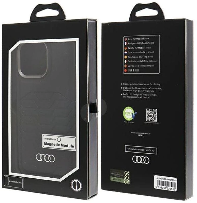 Audi Synthetic Leather MagSafe Apple iPhone 15 Pro Max 6.7″ juodos spalvos kietas dėklas AU-TPUPCMIP15PM-GT/D3-BK
