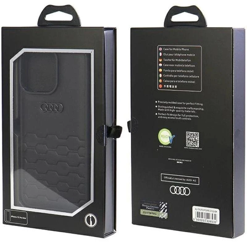 Audi GT Synthetic Leather Apple iPhone 15 Pro Max 6.7″ juodos spalvos kietas dėklas AU-TPUPCIP15PM-GT/D2-BK