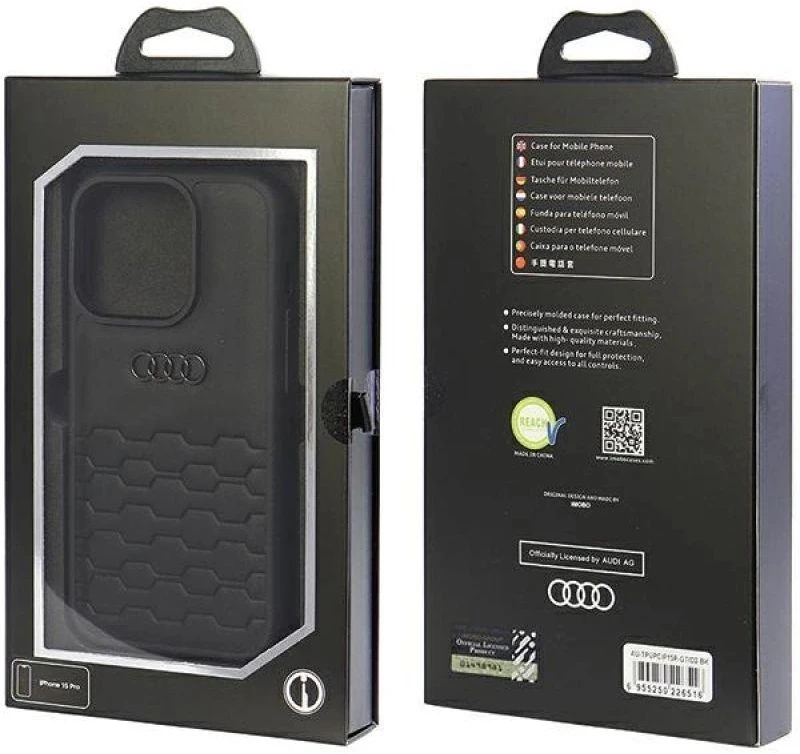 Audi GT Synthetic Leather Apple iPhone 15 Pro 6.1″ juodos spalvos kietas dėklas AU-TPUPCIP15P-GT/D2-BK
