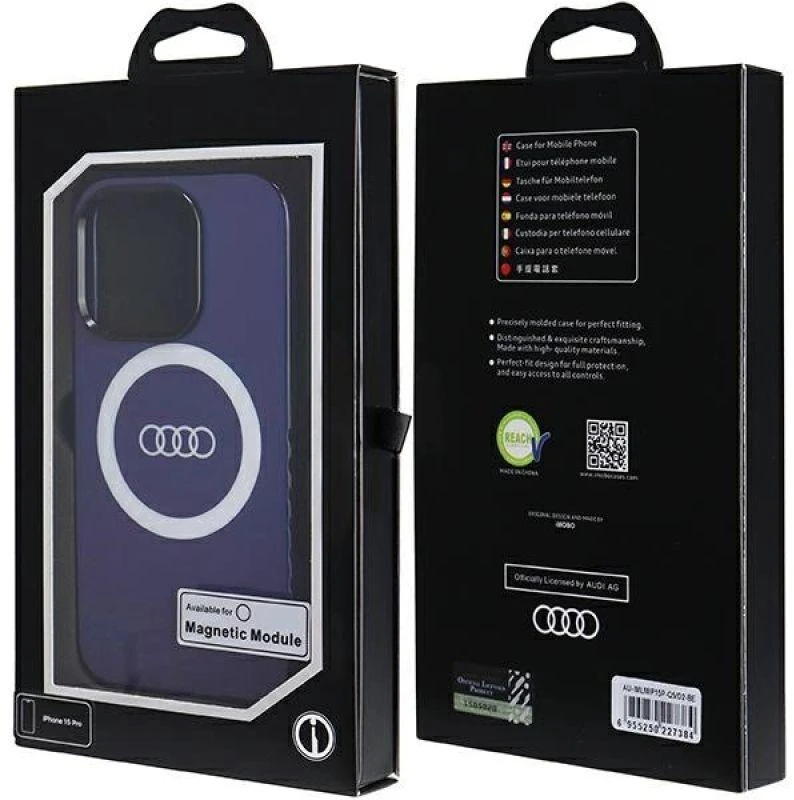 Audi IML Big Logo MagSafe Dėklas Apple iPhone 15 Pro 6.1″ mėlynos spalvos hardcase AU-IMLMIP15P-Q5/D2-BE