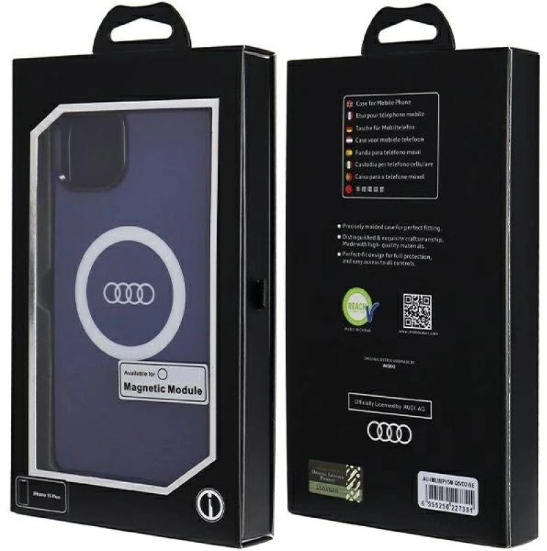 Audi IML Big Logo MagSafe Dėklas Apple iPhone 15 Plus / 14 Plus 6.7″ mėlynos spalvos hardcase AU-IMLMIP15