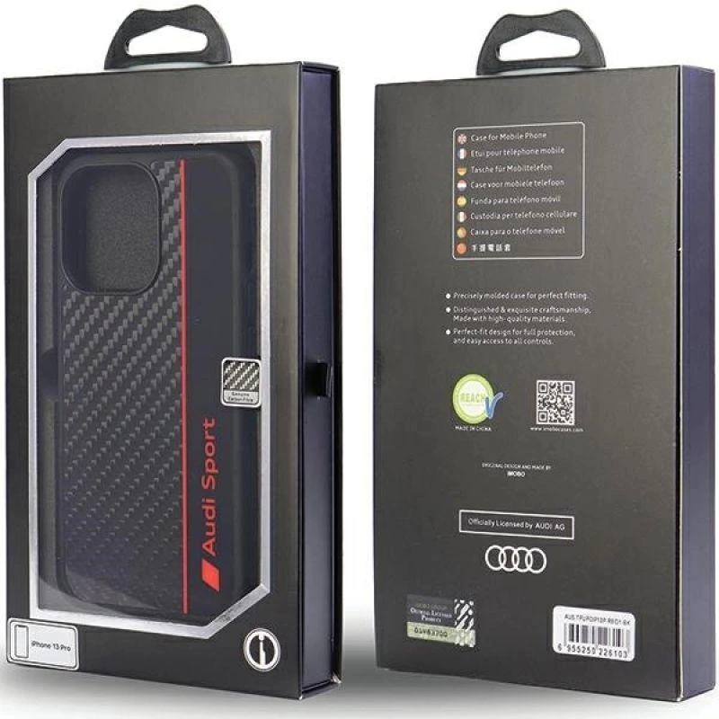 Audi Carbon Fiber Stripe Apple iPhone 13 Pro / 13 6.1″ juodos spalvos kietas dėklas AUS-TPUPCIP13 P-R8/D1-BK