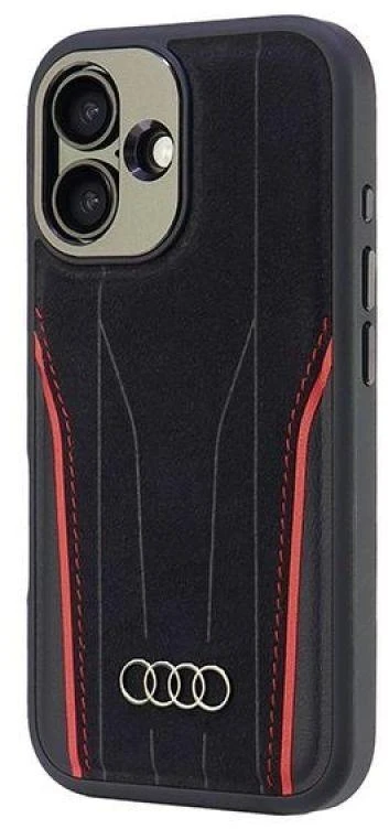 Audi Genuine Leather MagSafe Apple iPhone 16 6.1″ juodos spalvos-red kietas dėklas AU-TPUPCMIP16-R8/D3-RD