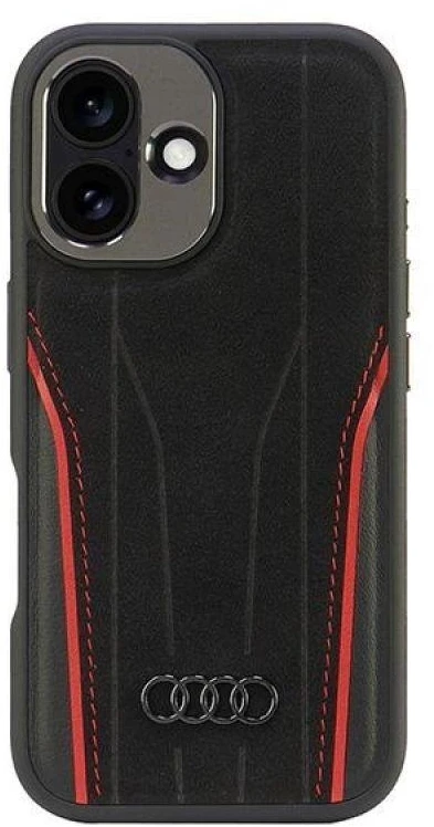 Audi Genuine Leather MagSafe Apple iPhone 16 6.1″ juodos spalvos-red kietas dėklas AU-TPUPCMIP16-R8/D3-RD