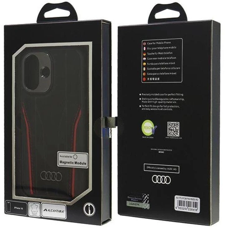 Audi Genuine Leather MagSafe Apple iPhone 16 6.1″ juodos spalvos-red kietas dėklas AU-TPUPCMIP16-R8/D3-RD