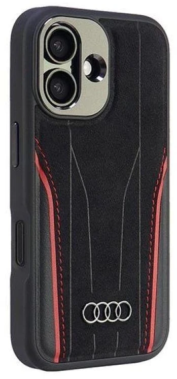 Audi Genuine Leather MagSafe Apple iPhone 16 6.1″ juodos spalvos-red kietas dėklas AU-TPUPCMIP16-R8/D3-RD