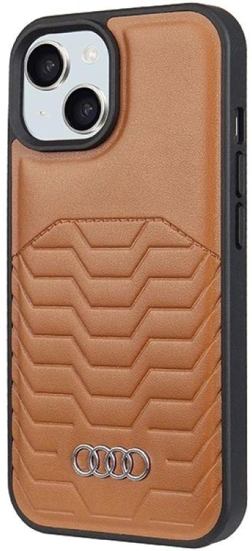 Audi Synthetic Leather MagSafe Apple iPhone 15 Plus / 14 Plus 6.7″ rudos spalvos kietas dėklas AU-TPUPCMIP15M-GT