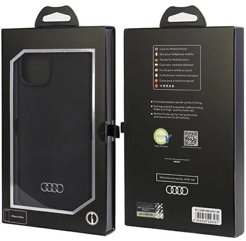 Audi Silicone Dėklas Apple iPhone 15 Plus / 14 Plus 6.7″ juodos spalvos kietas dėklas AU-LSRIP15M-Q3/D1-BK