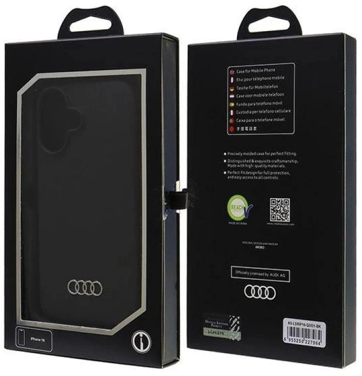 Audi Silicone Dėklas Apple iPhone 16 6.1″ juodos spalvos kietas dėklas AU-LSRIP16-Q3/D1-BK
