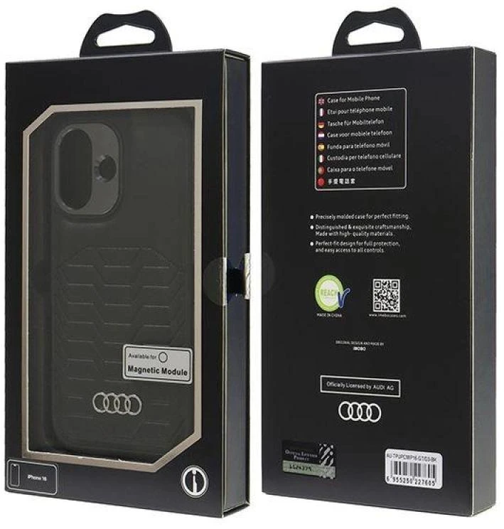 Audi Synthetic Leather MagSafe Apple iPhone 16 6.1″ juodos spalvos kietas dėklas AU-TPUPCMIP16-GT/D3-BK