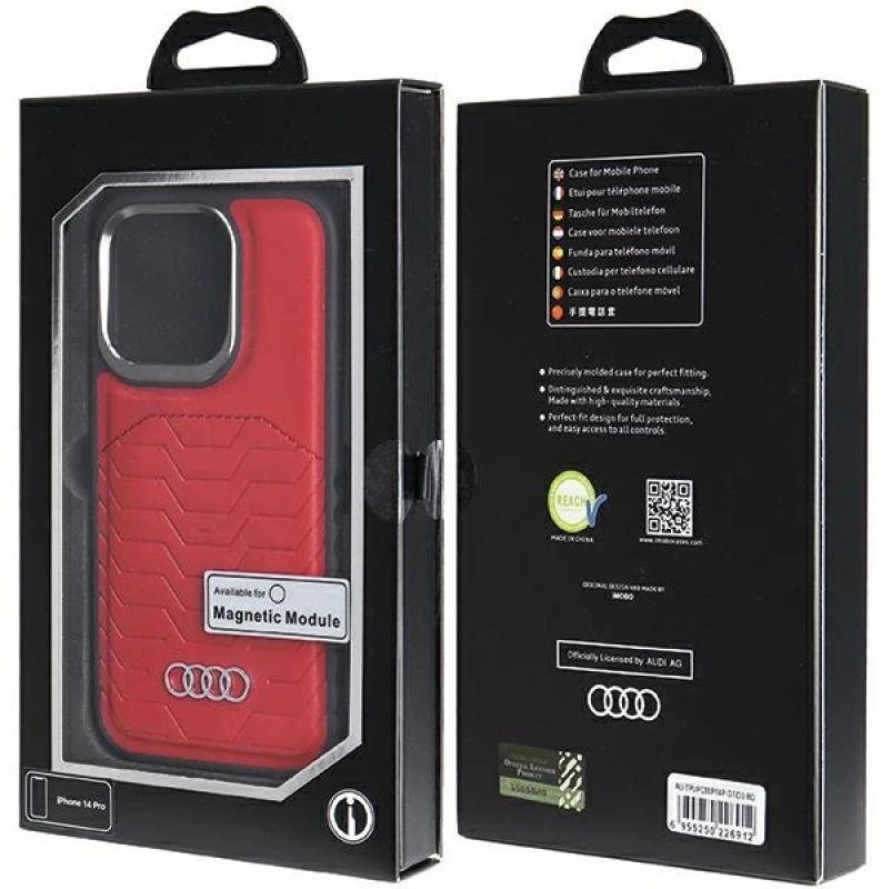 Audi Synthetic Leather MagSafe Apple iPhone 14 Pro 6.1″ red kietas dėklas AU-TPUPCMIP14P-GT/D3-RD