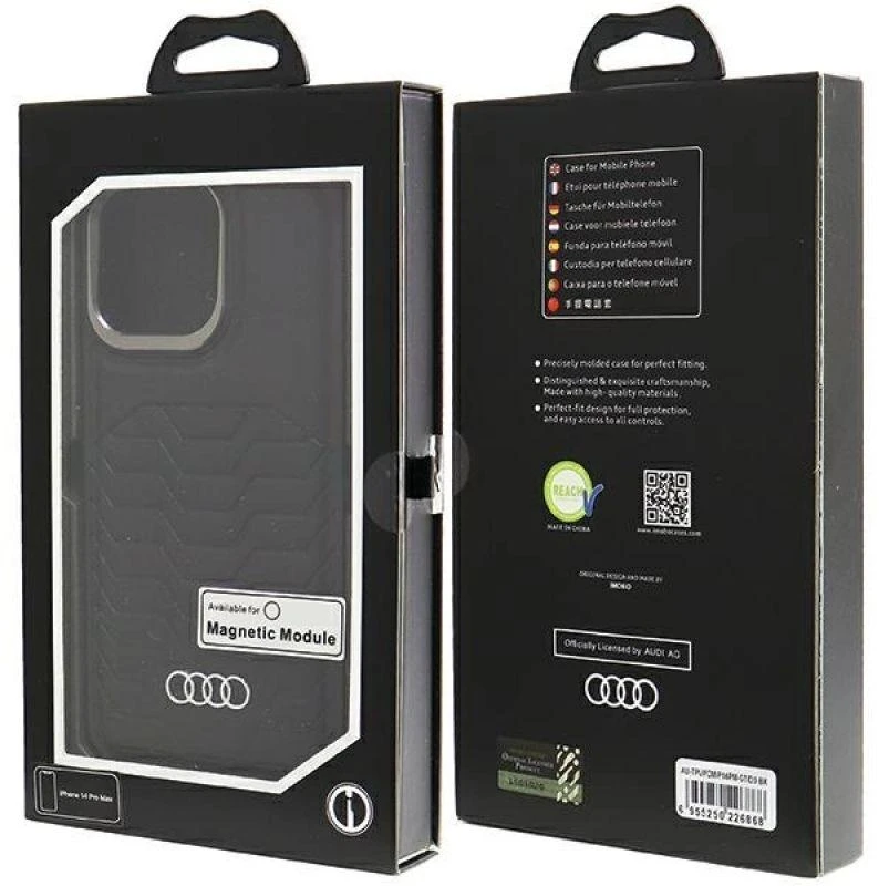 Audi Synthetic Leather MagSafe Apple iPhone 14 Pro Max 6.7″ juodos spalvos kietas dėklas AU-TPUPCMIP14PM-GT/D3-BK
